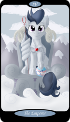 Size: 1500x2590 | Tagged: safe, artist:sixes&sevens, imported from derpibooru, part of a set, rumble, pony, armor, cloud, looking at you, major arcana, male, mountain, mountain range, older, older rumble, pride, pride flag, ram horns, sitting, solo, tarot card, the emperor, throne, transgender pride flag, wing hands, wing hold, wings