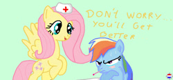 Size: 881x409 | Tagged: safe, artist:dutch-brony, imported from derpibooru, fluttershy, rainbow dash, backwards thermometer, hat, nurse hat, sick, thermometer