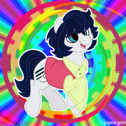 Size: 783x783 | Tagged: safe, artist:pigeorgien, imported from derpibooru, oc, oc only, oc:diamond silvershine, earth pony, pony, clothes, cute, female, happy, jumping, mare, ocbetes, psychedelic, rainbow background, shirt, smiling, solo, sunburst background