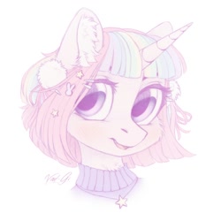Size: 1350x1350 | Tagged: safe, artist:vird-gi, imported from derpibooru, oc, oc only, pony, unicorn, bust, clothes, ear fluff, hairclip, looking at you, open mouth, portrait, smiling, solo, sweater, turtleneck, turtleneck sweater