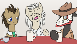 Size: 1000x576 | Tagged: safe, artist:howlsinthedistance, imported from derpibooru, doctor whooves, time turner, oc, oc:professor templetrot, earth pony, pony, back to the future, coffee, crossover, cup, doc brown, doctor who, food, implied time travel, male, mug, plague doctor, plague doctor mask, ponified, stallion, table, tea, the doctor, trio