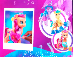 Size: 495x389 | Tagged: safe, imported from derpibooru, hitch trailblazer, izzy moonbow, sunny starscout, earth pony, pony, unicorn, spoiler:g5, g5, official, toy