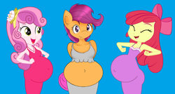 Size: 3340x1796 | Tagged: artist needed, safe, artist:preggoapplebloom, edit, imported from derpibooru, apple bloom, scootaloo, sweetie belle, anthro, pegasus, equestria girls, equestria girls (movie), 1000 hours in ms paint, belly, blue background, bow, clothes, female, needs more saturation, preggy belle, pregnant, pregnant edit, pregnant scootaloo, simple background