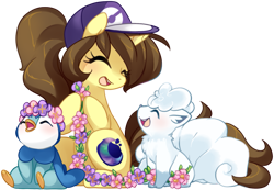 Size: 1441x1000 | Tagged: safe, artist:loyaldis, imported from derpibooru, oc, oc:astral flare, bird, fox, penguin, piplup, pony, unicorn, vulpix, adorable face, alolan form, alolan vulpix, blushing, cute, daaaaaaaaaaaw, eyes closed, flower, hat, kitsune, pokémon, pokémon trainer, simple background, smiling, transparent background