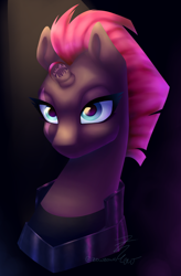 Size: 1722x2630 | Tagged: safe, artist:zowzowo, imported from derpibooru, neon lights, rising star, tempest shadow, pony, unicorn, armor, blue eyes, broken horn, bust, eye scar, female, horn, mare, neon, scar, solo