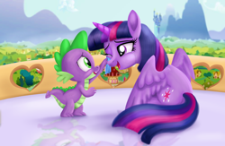 Size: 4550x2975 | Tagged: safe, artist:greenbrothersart, imported from derpibooru, spike, twilight sparkle, alicorn, dragon, pony, balcony, canterlot, crying, duo, female, handkerchief, male, one eye closed, open mouth, ponyville, ponyville town hall, reflection, scenery, sitting, tears of joy, tissue, twilight sparkle (alicorn), twilight's castle, wiping tears
