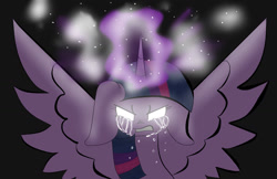 Size: 1700x1100 | Tagged: safe, artist:youlooklikefood, imported from derpibooru, twilight sparkle, alicorn, pony, angry, crying, female, floppy ears, glowing eyes, glowing horn, horn, magic, magic aura, solo, spread wings, tears of anger, twilight sparkle (alicorn), wings