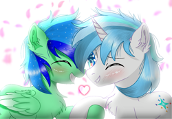 Size: 1637x1132 | Tagged: source needed, useless source url, safe, artist:jadebreeze115, imported from derpibooru, oc, oc only, oc:jade breeze, oc:winter light, pegasus, pony, unicorn, blue eyes, blue hair, blushing, cherry blossoms, chest fluff, colored pupils, cute, duo, ear fluff, ethereal mane, eyes closed, flower, flower blossom, folded wings, gay, grin, heart, heart eyes, holding hooves, horn, male, nuzzles, nuzzling, one eye closed, pegasus oc, petals, shipping, smiling, stallion, starry eyes, starry mane, unicorn oc, wingding eyes, wings, wings down