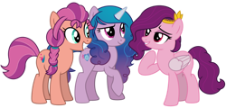 Size: 1024x492 | Tagged: safe, artist:emeraldblast63, imported from derpibooru, izzy moonbow, pipp petals, sunny starscout, earth pony, pegasus, pony, unicorn, leak, spoiler:g5, backwards cutie mark, female, g4, g5, g5 to g4, generation leap, mare, pipp, redesign, simple background, smiling, sunny, transparent background, trio, trio female