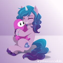 Size: 2000x2000 | Tagged: safe, artist:willoillo, imported from derpibooru, izzy moonbow, pony, unicorn, spoiler:g5, crossover, cute, eyes closed, fall guys, female, g5, izzybetes, sitting, solo, unshorn fetlocks