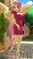 Size: 1080x1920 | Tagged: safe, artist:anthroponiessfm, imported from derpibooru, fluttershy, anthro, pegasus, plantigrade anthro, 3d, blushing, boob window, breasts, busty fluttershy, cleavage, cleavage window, clothes, dress, feet, female, high heels, looking at you, open-toed shoes, sandals, shoes, solo, stupid sexy fluttershy, toes