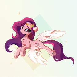 Size: 1840x1840 | Tagged: safe, artist:aureai, imported from derpibooru, pipp petals, pegasus, pony, abstract background, adorapipp, chest fluff, cute, ear fluff, female, g5, jewelry, leg fluff, long mane, looking at you, mare, pipp, simple background, smiling, solo, spread wings, tiara, unshorn fetlocks, wing fluff, wings