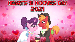 Size: 2064x1161 | Tagged: safe, artist:cheezedoodle96, edit, imported from derpibooru, big macintosh, sugar belle, the big mac question, 2021, abstract background, clothes, dress, female, hearts and hooves day, holiday, husband and wife, looking at each other, lyrics in the description, male, shipping, smiling, straight, sugarmac, suit, valentine's day, wedding dress, you're in my head like a catchy song, youtube link