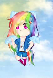 Size: 933x1381 | Tagged: safe, artist:flatterslay, imported from derpibooru, rainbow dash, human, chibi, cute, dashabetes, eared humanization, female, flying, humanized, solo, winged humanization, wings