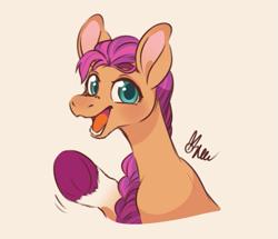 Size: 617x531 | Tagged: safe, artist:polymercorgi, imported from derpibooru, sunny starscout, earth pony, pony, female, g5, looking at you, open mouth, signature, simple background, solo, sunnybetes, unshorn fetlocks