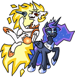 Size: 698x722 | Tagged: safe, artist:crusader productions, artist:swordsmen, imported from derpibooru, daybreaker, nightmare moon, alicorn, pony, armor, cutie mark, duo, ethereal mane, flowing mane, friday night funkin', horseshoes, mane of fire, slit eyes, slit pupils, starry mane