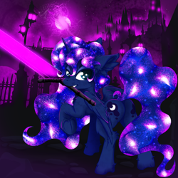 Size: 2500x2500 | Tagged: safe, artist:rurihal, imported from derpibooru, princess luna, alicorn, pony, butt, moonbutt, mouth hold, plot, solo, sword, weapon