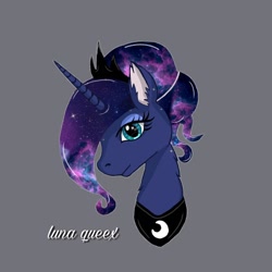 Size: 1080x1080 | Tagged: safe, artist:luna.queex, imported from derpibooru, princess luna, alicorn, pony, alternate hairstyle, bust, ear fluff, ethereal mane, eyelashes, female, galaxy mane, gray background, horn, jewelry, mare, peytral, signature, simple background, solo, tiara