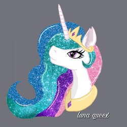 Size: 1080x1080 | Tagged: safe, artist:luna.queex, imported from derpibooru, princess celestia, alicorn, pony, bust, ear fluff, ethereal mane, eyelashes, female, gray background, horn, jewelry, looking up, mare, peytral, signature, simple background, solo, starry mane, tiara