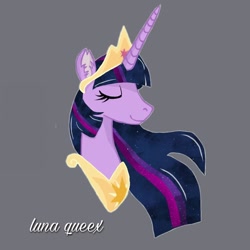 Size: 1080x1080 | Tagged: safe, artist:luna.queex, imported from derpibooru, twilight sparkle, alicorn, pony, the last problem, bust, ear fluff, eyelashes, eyes closed, female, gray background, horn, jewelry, mare, older, older twilight, peytral, princess twilight 2.0, signature, simple background, smiling, solo, tiara, twilight sparkle (alicorn)