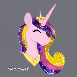 Size: 1080x1080 | Tagged: safe, artist:luna.queex, imported from derpibooru, princess cadance, alicorn, pony, bust, crown, ear fluff, ethereal mane, eyelashes, eyes closed, female, gray background, grin, horn, jewelry, mare, peytral, regalia, signature, simple background, smiling, solo, starry mane