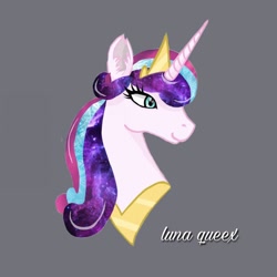 Size: 1080x1080 | Tagged: safe, artist:luna.queex, imported from derpibooru, princess flurry heart, alicorn, pony, bust, crown, ear fluff, ethereal mane, eyelashes, female, galaxy mane, gray background, horn, jewelry, mare, older, older flurry heart, peytral, regalia, signature, simple background, smiling, solo