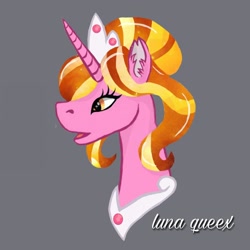 Size: 1080x1080 | Tagged: safe, artist:luna.queex, imported from derpibooru, luster dawn, pony, unicorn, bust, crown, ear fluff, eyelashes, female, gray background, horn, jewelry, mare, open mouth, peytral, regalia, signature, simple background, solo