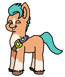 Size: 626x739 | Tagged: safe, artist:switcharoo, imported from derpibooru, hitch trailblazer, earth pony, pony, belt, blaze (coat marking), coat markings, facial markings, g5, male, simple background, smug, socks (coat marking), socks (coat markings), stallion, unnamed character, unnamed pony, unshorn fetlocks, white background