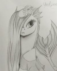 Size: 1080x1350 | Tagged: safe, artist:pony_riart, imported from derpibooru, oc, oc only, sea pony, bust, eyelashes, flower, flower in hair, grayscale, hair over one eye, inktober 2020, monochrome, solo, traditional art