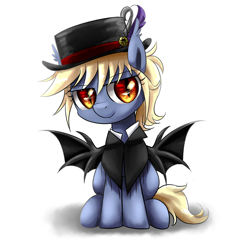 Size: 2432x2328 | Tagged: safe, artist:ce2438, imported from derpibooru, oc, oc only, oc:vesper flare, bat pony, pony, clothes, female, filly, hat, simple background, solo, white background