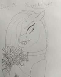 Size: 1080x1350 | Tagged: safe, artist:pony_riart, imported from derpibooru, oc, oc only, pony, vampire, vampony, bouquet, bust, choker, fangs, flower, grayscale, hair over one eye, inktober 2020, lineart, monochrome, solo, traditional art