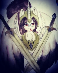 Size: 1080x1350 | Tagged: safe, artist:cats_drawings_cos, imported from derpibooru, oc, oc only, alicorn, pony, alicorn oc, female, glasses, helmet, horn, mare, peytral, solo, spread wings, sword, traditional art, weapon, wings