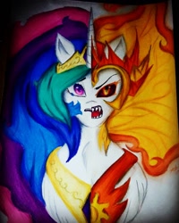 Size: 1080x1350 | Tagged: safe, alternate version, artist:cats_drawings_cos, imported from derpibooru, daybreaker, princess celestia, alicorn, pony, bust, colored, duality, eyelashes, fangs, female, jewelry, mane of fire, mare, peytral, split screen, tiara, traditional art, two sides