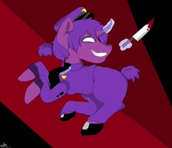 Size: 1080x929 | Tagged: safe, artist:cats_drawings_cos, imported from derpibooru, pony, unicorn, abstract background, blood, clothes, five nights at freddy's, glowing horn, grin, hat, hoof shoes, horn, knife, magic, male, ponified, purple guy, security guard, smiling, solo, stallion, telekinesis, the man behind the slaughter, white eyes