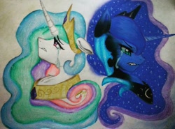 Size: 1080x801 | Tagged: safe, artist:cats_drawings_cos, imported from derpibooru, princess celestia, princess luna, alicorn, pony, angry, bust, crying, duo, duo female, ethereal mane, eyelashes, female, floppy ears, horn, looking up, mare, nightmare luna, peytral, royal sisters, sad, sadlestia, siblings, sisters, starry mane, teary eyes, traditional art