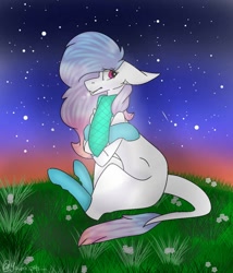 Size: 876x1024 | Tagged: safe, artist:yoonah, imported from derpibooru, oc, oc only, earth pony, pony, clothes, earth pony oc, grass, leonine tail, night, outdoors, scarf, sitting, socks, solo, stars