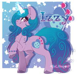 Size: 3296x3204 | Tagged: safe, artist:red_moonwolf, imported from derpibooru, izzy moonbow, pony, unicorn, abstract background, backwards cutie mark, bracelet, chest fluff, cutie mark, female, g5, glowing horn, high res, horn, jewelry, looking at you, magic, raised hoof, simple background, smiling, solo, stars, text, unshorn fetlocks