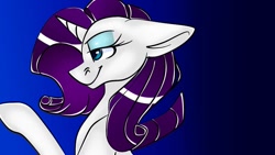 Size: 1080x608 | Tagged: safe, artist:tessa_key_, imported from derpibooru, rarity, pony, unicorn, bedroom eyes, bust, eyelashes, female, gradient background, horn, mare, raised hoof, smiling, solo