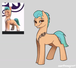 Size: 1280x1138 | Tagged: safe, artist:overthemaginot, imported from derpibooru, screencap, hitch trailblazer, earth pony, pony, spoiler:g5, g5, gray background, looking at you, male, my little pony logo, screenshot redraw, simple background, smiling, stallion, unnamed character, unnamed pony