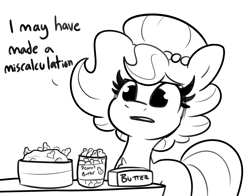 Size: 3820x3000 | Tagged: safe, artist:tjpones, imported from derpibooru, oc, oc only, oc:brownie bun, earth pony, pony, horse wife, black and white, butter, female, food, grayscale, mare, monochrome, peanut, peanut butter, simple background, solo, white background