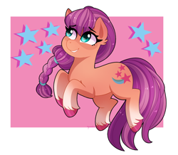 Size: 2280x1992 | Tagged: safe, artist:emera33, imported from derpibooru, sunny starscout, earth pony, pony, abstract background, female, g5, mare, smiling, solo, stars, unshorn fetlocks