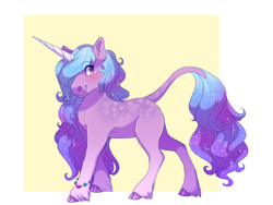 Size: 2000x1500 | Tagged: safe, artist:uunicornicc, imported from derpibooru, izzy moonbow, classical unicorn, pony, unicorn, abstract background, blushing, cloven hooves, female, g5, izzybetes, leonine tail, mare, smiling, solo, unshorn fetlocks