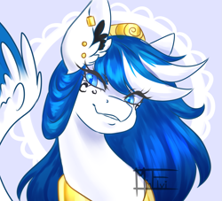 Size: 1665x1515 | Tagged: safe, artist:minelvi, imported from derpibooru, oc, oc only, pegasus, pony, bust, ear fluff, ear piercing, earring, eyelashes, jewelry, pegasus oc, peytral, piercing, signature, smiling, solo, wings