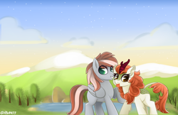 Size: 3400x2200 | Tagged: safe, artist:rivin177, imported from derpibooru, autumn blaze, oc, oc:raxella gessu, kirin, pegasus, pony, blue sky, commission, dusk, greens, lake, mountain, nature, old art, stars, tree