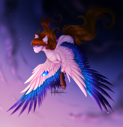 Size: 3800x3937 | Tagged: safe, artist:minelvi, imported from derpibooru, oc, oc only, pegasus, pony, cloud, coat markings, flying, outdoors, pegasus oc, signature, socks (coat marking), socks (coat markings), solo, wings