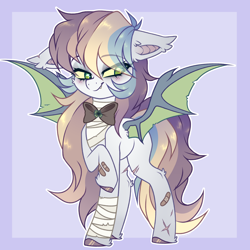 Size: 4000x4000 | Tagged: safe, artist:_spacemonkeyz_, imported from derpibooru, oc, oc only, oc:lucky charm, bat pony, pony, bandage, bandaid, bat pony oc, bat wings, blushing, bowtie, colored hooves, multicolored hair, rainbow hair, raised hoof, scar, solo, wings