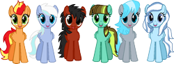 Size: 858x317 | Tagged: safe, artist:bronybase, artist:pegasski, imported from derpibooru, oc, oc only, oc:aqua haze, oc:coco, oc:firefoot, oc:sapphire raindrop, oc:sea spray, oc:silver syclone, pegasus, pony, base used, eyelashes, female, group, mare, pegasus oc, simple background, smiling, transparent background, wings