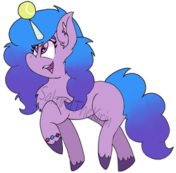 Size: 575x563 | Tagged: safe, artist:sakurathekirin, imported from derpibooru, izzy moonbow, pony, unicorn, spoiler:g5 movie, ball, chest fluff, female, g5, g5 movie, horn, horn guard, horn impalement, hornball, izzy's tennis ball, open mouth, simple background, solo, tennis ball, unshorn fetlocks, white background