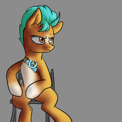 Size: 900x900 | Tagged: safe, artist:slamjam, imported from derpibooru, hitch trailblazer, earth pony, pony, spoiler:g5, blaze (coat marking), chair, coat markings, facial markings, g5, giga chad, gigachad, gray background, male, pale belly, serious, serious face, sheriff's badge, simple background, sitting, socks (coat markings), solo, stallion, unnamed character, unnamed pony