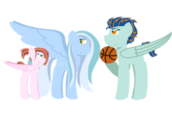 Size: 1280x854 | Tagged: safe, artist:meiodrama, imported from derpibooru, oc, oc only, oc:arctic winds, oc:cessna, oc:kickflip hothoof, pegasus, pony, basketball, brother and sister, colt, female, filly, half-siblings, male, offspring, parent:rainbow dash, parent:soarin', parent:spitfire, parents:soarindash, parents:soarinfire, siblings, simple background, sports, transparent background